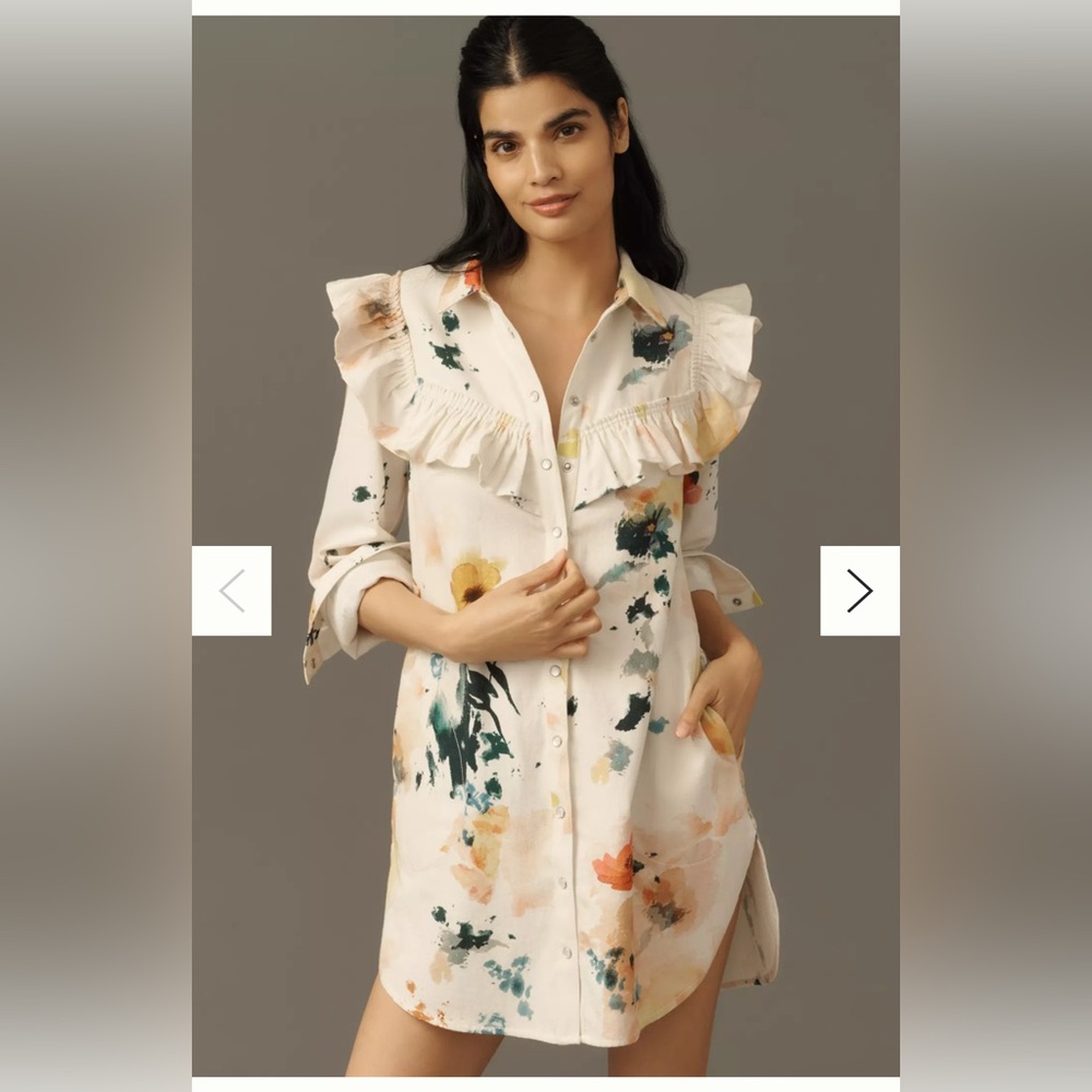 Pilcro Long-Sleeve Ruffled Denim Mini Shirt Dress